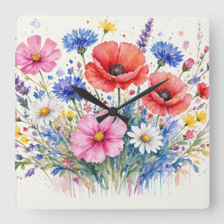Watercolor Wildflower Meadow Bouquet Floral Art Square Wall Clock