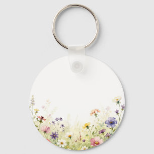 Watercolor Wildflower Meadow Pastel Floral Border Key Ring