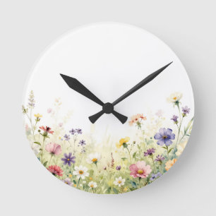 Watercolor Wildflower Meadow Pastel Floral Border Round Clock