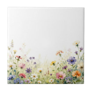 Watercolor Wildflower Meadow Pastel Floral Border Tile