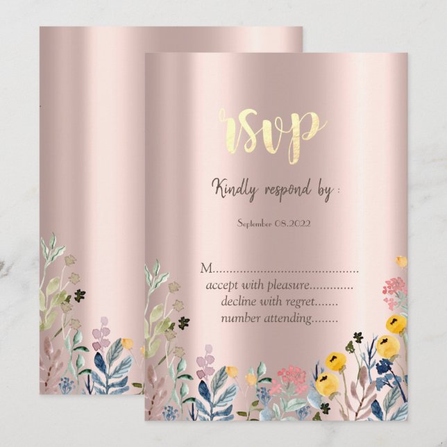 Watercolor Wildflower Meadow Rose Gold Invitation (Front/Back)