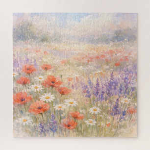Watercolor Wildflower Meadow Scene Jigsaw Puzzle