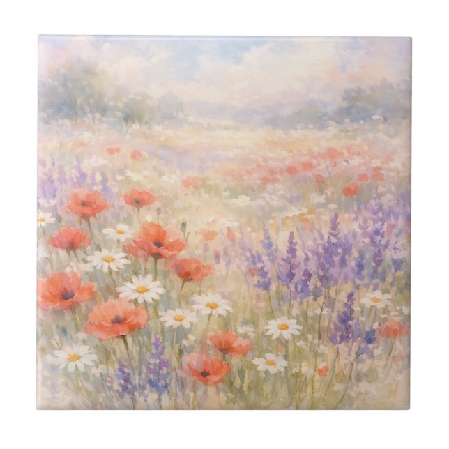 Watercolor Wildflower Meadow Scene Tile (Front)