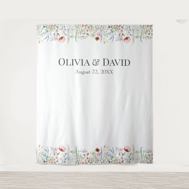 Watercolor Wildflower Meadow Wedding Backdrop Tapestry (Front)
