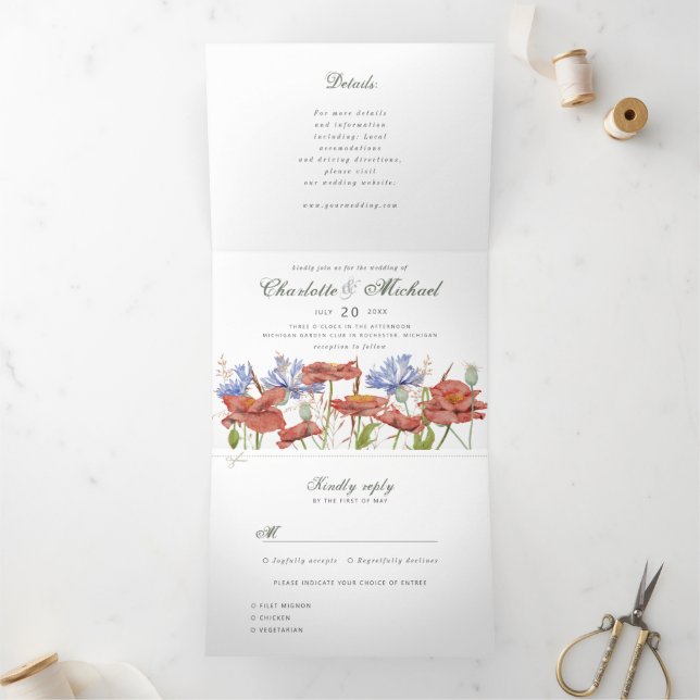 watercolor wildflower meadow wedding Tri-Fold invitation (Inside)