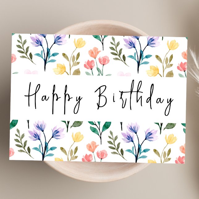 Watercolor Wildflower Modern Script Happy Birthday Card (Creator Uploaded)