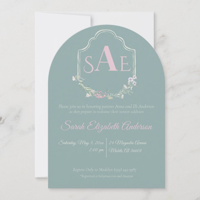 Watercolor Wildflower Monogram Crest Baby Shower  Invitation (Front)