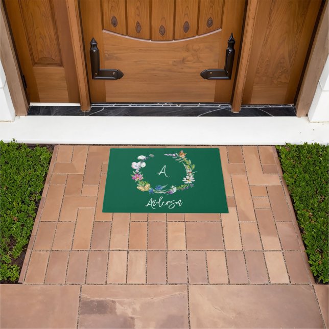 Watercolor Wildflower Monogram House Flag Doormat (Outdoor)