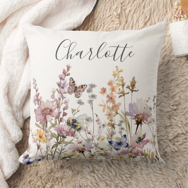 Watercolor Wildflower Monogram Name  Cushion (Blanket)