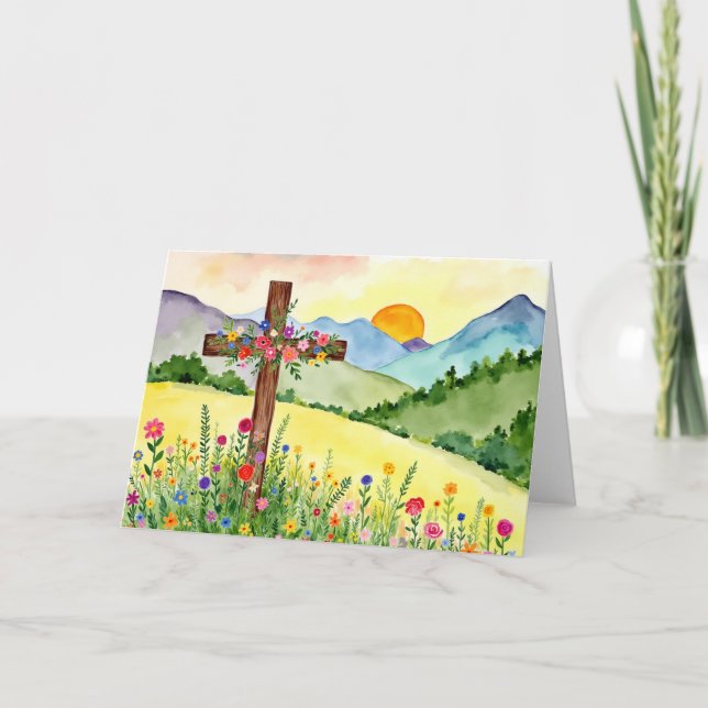 Watercolor Wildflower Mountain Cross 2 Easter Holiday Card (Front)
