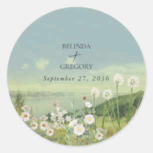 Watercolor Wildflower Mountain Landscape Wedding Classic Round Sticker