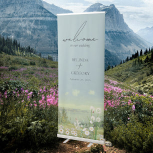 Watercolor Wildflower Mountain Landscape Wedding Retractable Banner