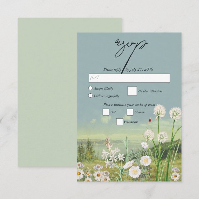 Watercolor Wildflower Mountain Landscape Wedding RSVP Card (Front/Back)