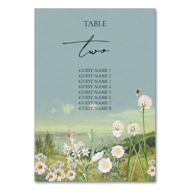 Watercolor Wildflower Mountain Landscape Wedding Table Number (Front)