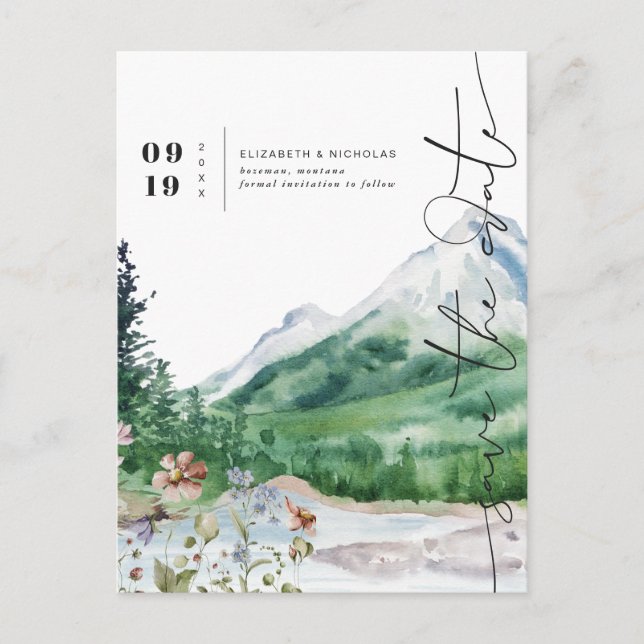 Watercolor Wildflower Mountain | Save the Date Announcement Postcard (Front)
