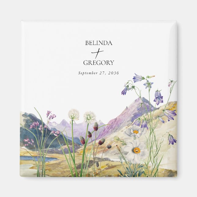 Watercolor Wildflower Mountain Wedding Favour Magnet (Front)