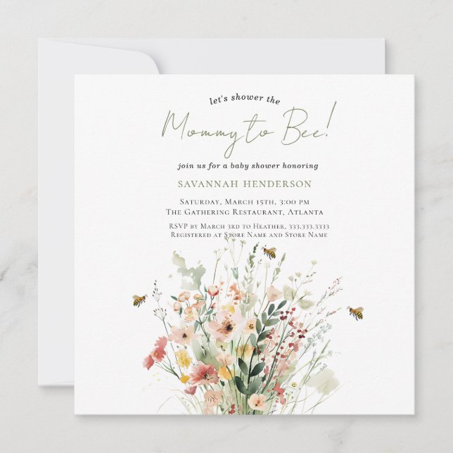 Watercolor Wildflower Mummy to Bee Baby Shower Invitation (Front)