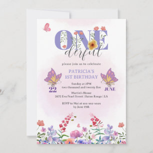 Watercolor Wildflower Onederful Butterfly Birthday Invitation