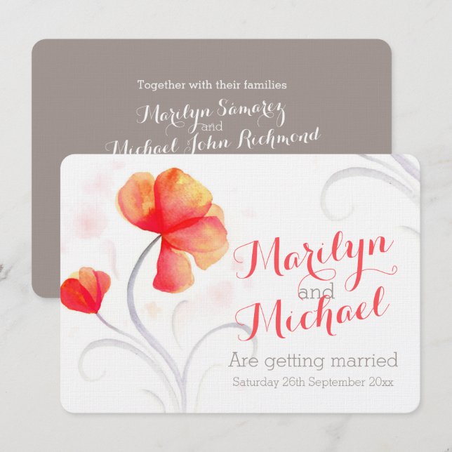 Watercolor wildflower orange wedding invite (Front/Back)