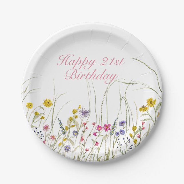 Watercolor Wildflower Party Plate- 21st Birthday Paper Plate (Front)