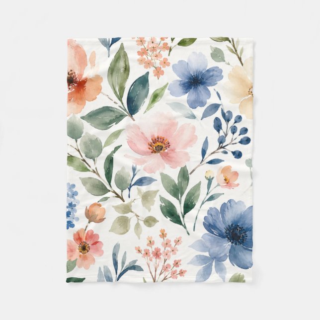 Watercolor Wildflower Pattern Modern Botanical Fleece Blanket (Front)
