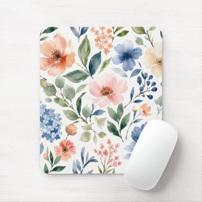 Watercolor Wildflower Pattern Modern Botanical Mouse Mat (With Mouse)