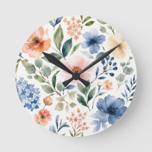 Watercolor Wildflower Pattern Modern Botanical Round Clock