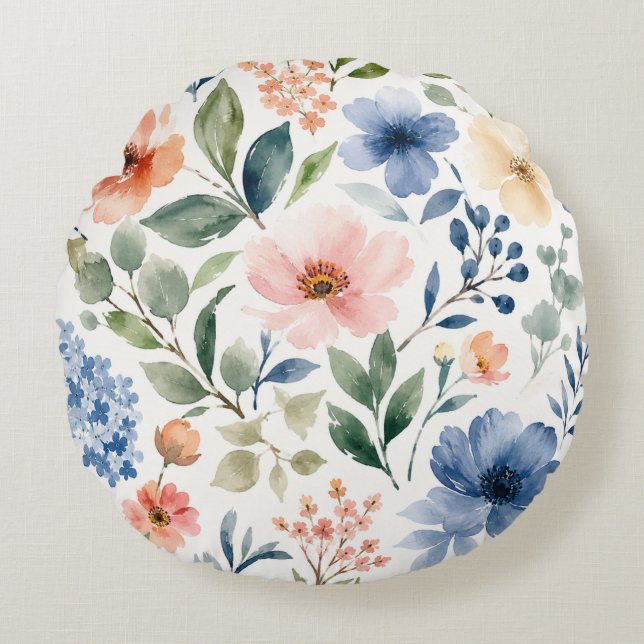 Watercolor Wildflower Pattern Modern Botanical Round Cushion (Front)