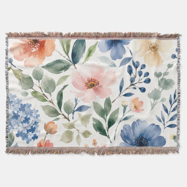 Watercolor Wildflower Pattern Modern Botanical Throw Blanket (Front)