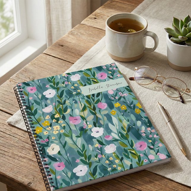 Watercolor Wildflower Personalised Sketchbook Teal Notebook (Creator Uploaded)