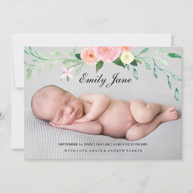 Watercolor Wildflower Photo Birth Announcement (Front)