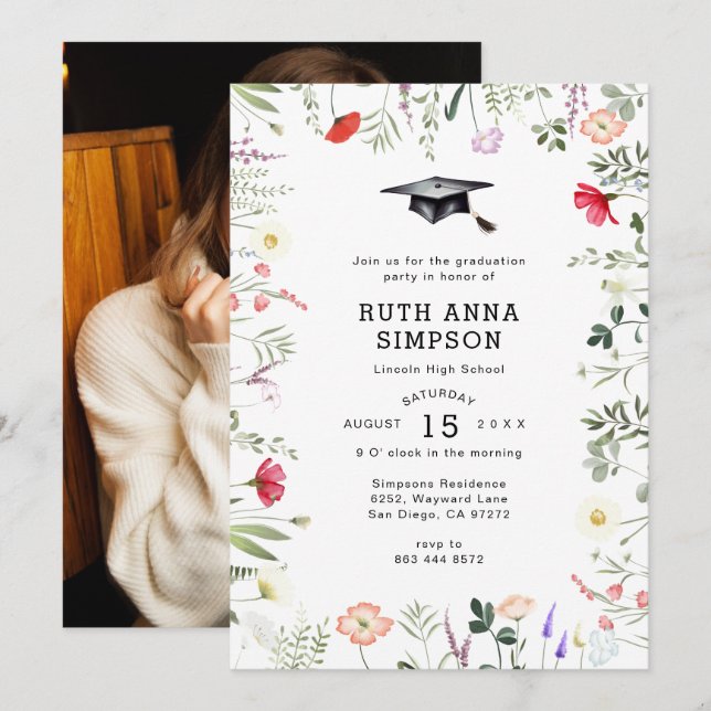 Watercolor Wildflower Photo Graduation Invitation (Front/Back)
