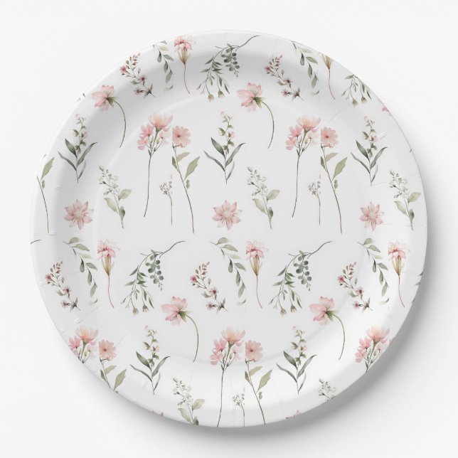 Watercolor wildflower pink and sage green party paper plate (Front)