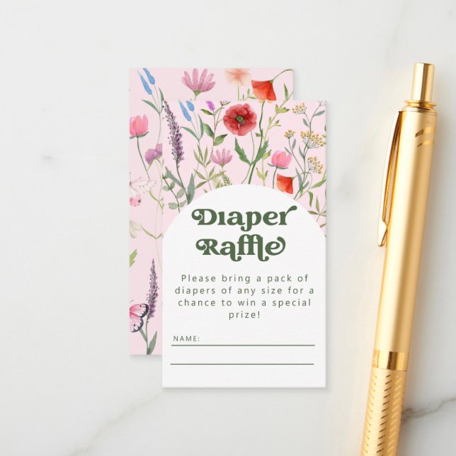 Watercolor Wildflower Pink Diaper Raffle Enclosure Card (Front/Back In Situ)