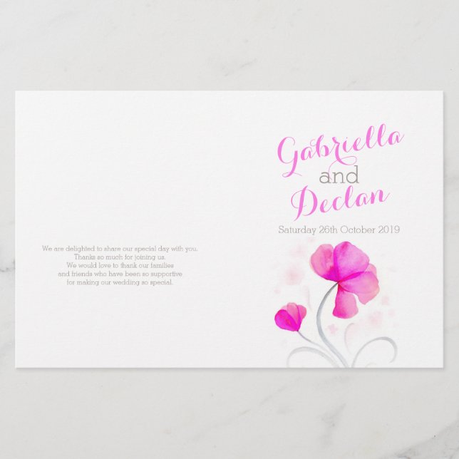 Watercolor wildflower pink grey wedding programme (Front)