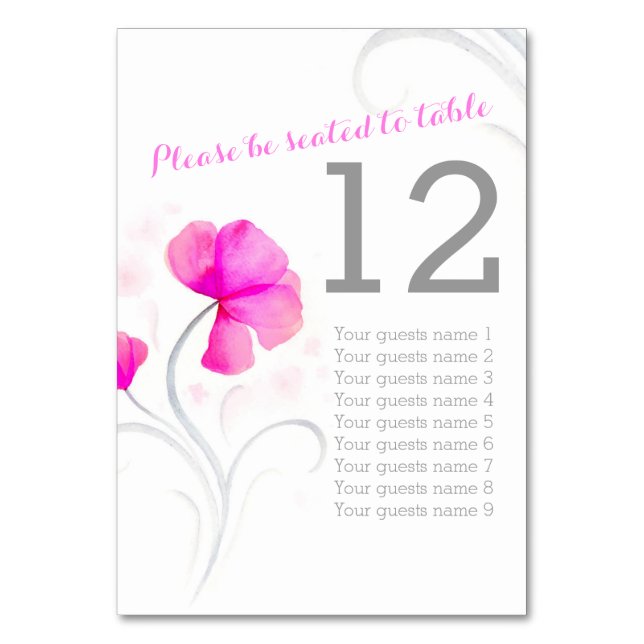 Watercolor wildflower pink wedding table number (Front)