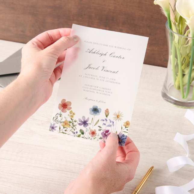 Watercolor Wildflower Pretty Spring Garden Wedding Vellum Invitations (Handheld)