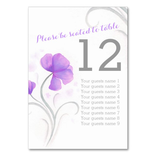 Watercolor wildflower purple wedding table number (Front)