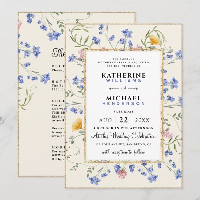Watercolor Wildflower QR Code Details RSVP Wedding Invitation (Front/Back)
