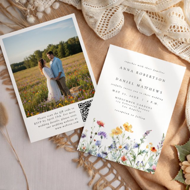 Watercolor Wildflower QR Code Photo Wedding Invitation (Creator Uploaded)