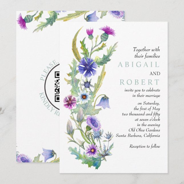 Watercolor wildflower QR code spring wedding Invitation (Front/Back)