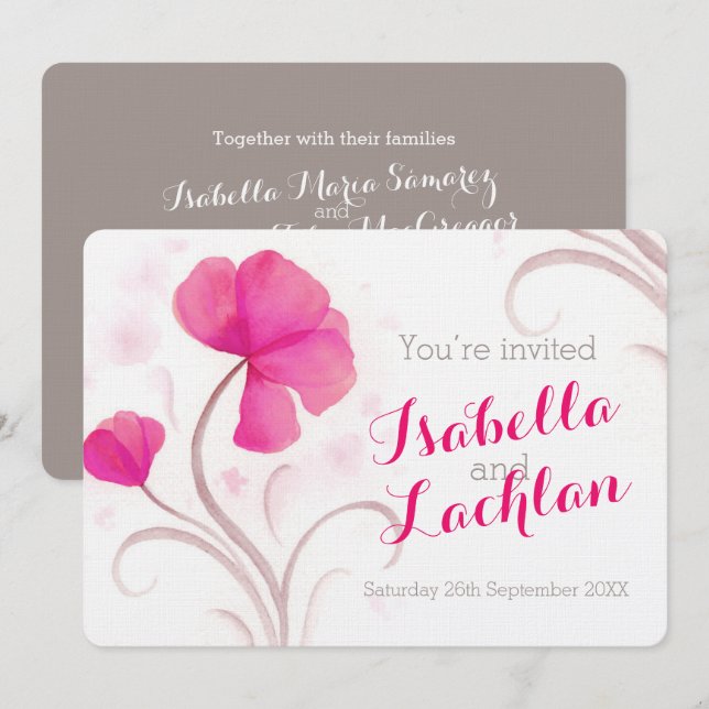 Watercolor wildflower red pink grey white wedding invitation (Front/Back)