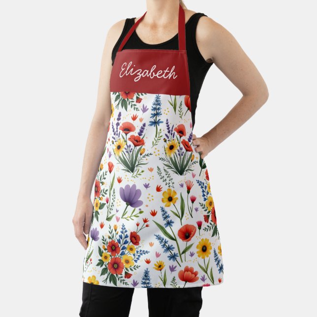 Watercolor Wildflower Red Yellow Blue Custom Name Apron (Insitu)