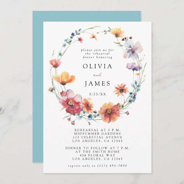 Watercolor Wildflower Rehearsal Dinner Invitation (Front/Back)