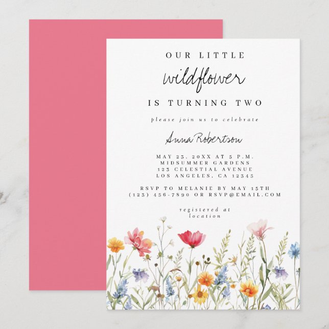 Watercolor Wildflower Second Birthday Party Invitation (Front/Back)