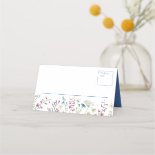 Watercolor wildflower sketches white blue wedding place card