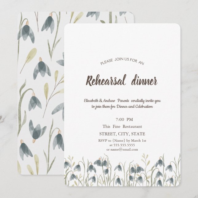Watercolor Wildflower Snowdrops Rehearsal Dinner Invitation (Front/Back)