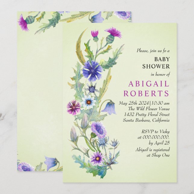 Watercolor wildflower Spring green Baby Shower  Invitation (Front/Back)