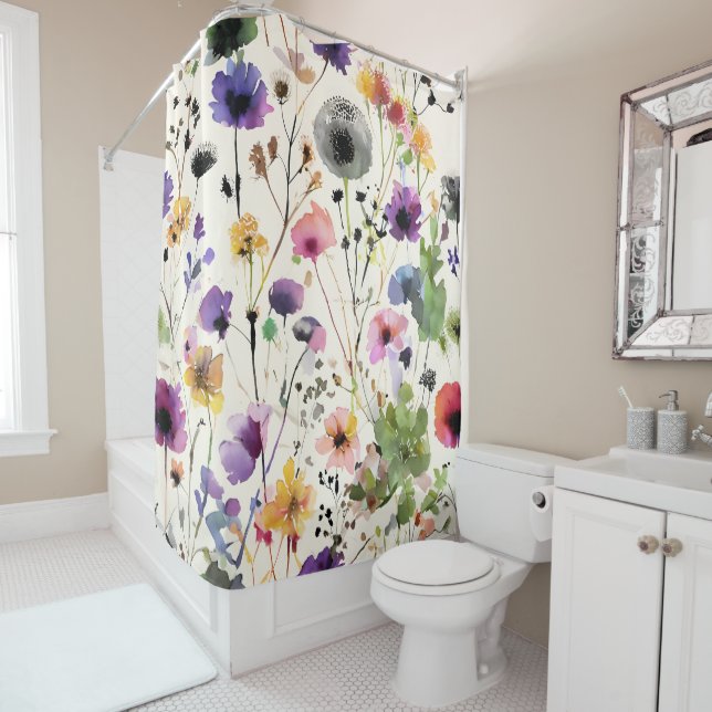 Watercolor wildflower symphony shower curtain (In Situ)