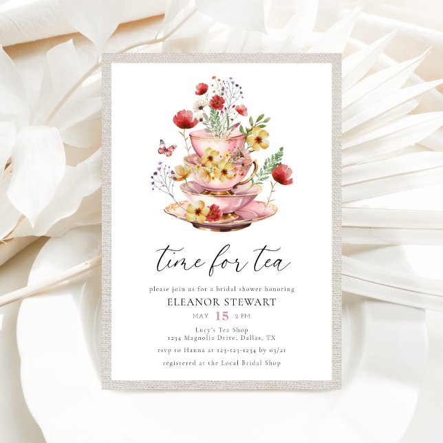 Watercolor Wildflower Time For Tea Bridal Shower Invitation (Creator Uploaded)